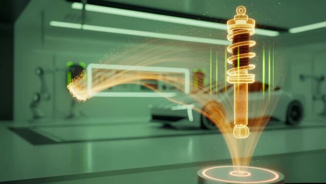 Futuristic green 3D hologram of a car suspension shock absorber in a high-tech automotive workshop