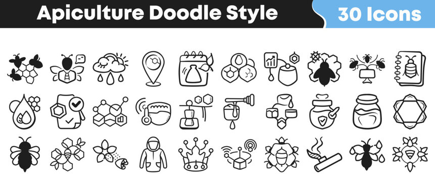 Hand drawn doodle style apiculture icons representing bee keeping activities