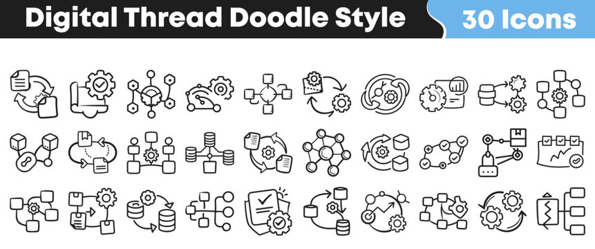 Collection of hand drawn digital thread icons for technology projects