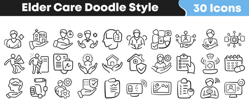 Set of black and white doodle style elder care icons