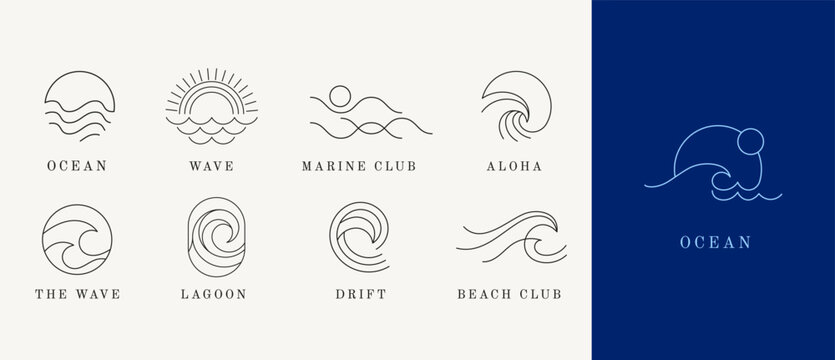 Minimalist abstract sea, ocean and wave line art logos collection. Minimal linear marine and coastal icons and emblems set
