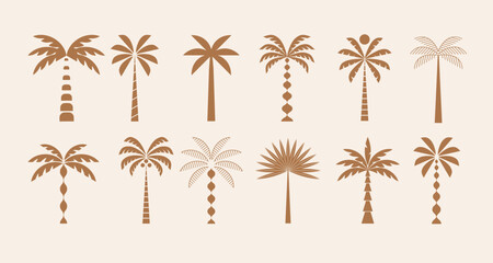 Fototapeta premium Abstract minimal tropical palm tree logos and icons collection for boutique hotels, luxury resorts and island hospitality brands.