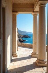 Fototapeta premium View from antique building colonnade to blue ocean sea and rocky shore. Sunny day with clear sky over island coastline. Architecture frames seascape.