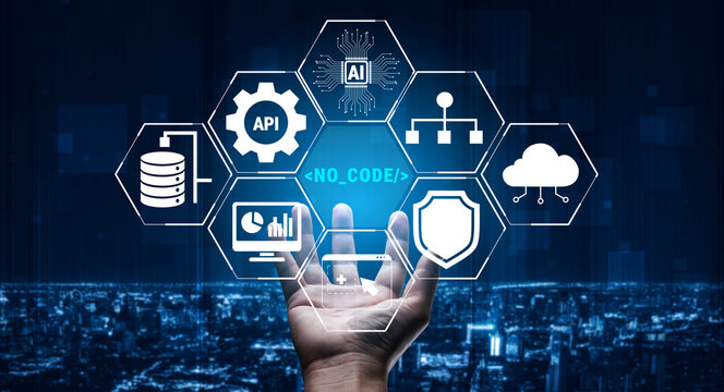 Hand Reaching Out with Futuristic Icons Depicting No-Code Development, APIs, Data Management, AI, and Cloud Solutions against a Cityscape Background Quark.
