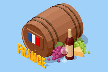 Fototapeta premium Isometric French wine concept with wooden barrel, bottle, grape and cheese on blue background. Winery illustration presents France, viticulture, cellar tradition and premium beverage culture