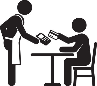 Waiter presenting payment terminal to customer at restaurant table for credit card transaction simple black vector illustration.