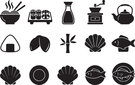 Assortment of asian food icons in silhouette, featuring onigiri, ramen, sushi, tea, seafood, and kitchenware.