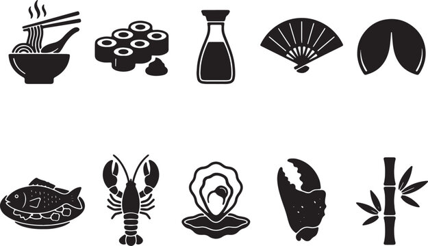 Traditional asian food and drink icons in black silhouette, featuring sushi, ramen, tea, fan, and seafood variety.