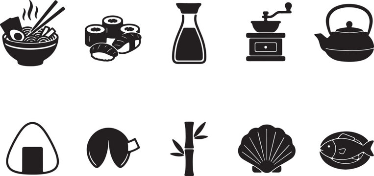 Set of asian food and kitchen icons in silhouette, including onigiri, ramen, tea, and seafood elements.