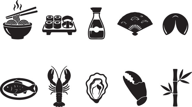 Collection of traditional asian food and drink icons in silhouette style, including sushi, ramen, tea and more.
