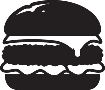 Black silhouette of detailed burger with bun, lettuce, tomato, patty, and cheese on transparent background, fast food icon.