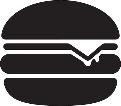 Black silhouette of simple delicious burger with bun, patty, cheese, and bottom bun on transparent background, fast food icon or logo.