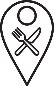 Restaurant location pin vector icon with crossed fork and knife inside map marker silhouette isolated on transparent background for food app.