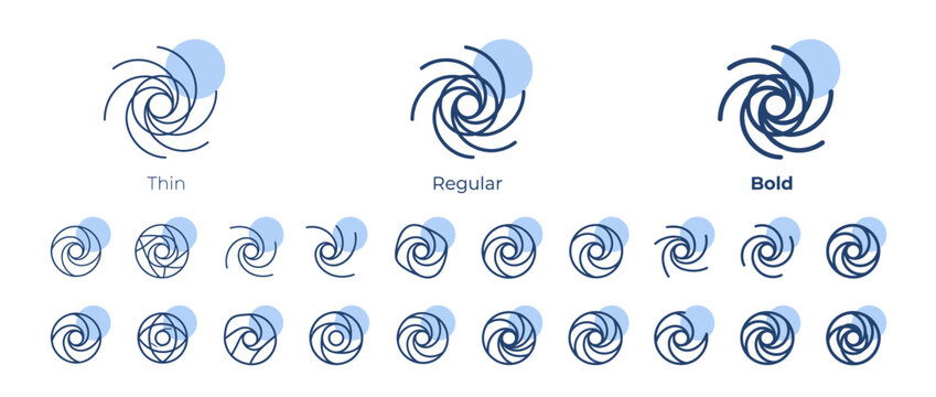 A collection of various spiral and vortex icon designs in thin regular and bold weights.