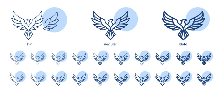 Collection of stylized eagle bird logos in various line weights and artistic variations.