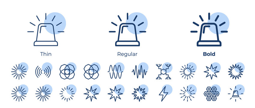 A collection of diverse line art icons featuring weather and alert symbols.