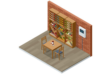 Fototapeta premium Isometric wine cellar interior with bottle rack, tasting table, chairs and climate control, showing organized storage and degustation concept for home collection, sommelier or winery use