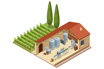 Fototapeta premium Isometric winery building with vineyard rows, cellar equipment and bottling zone in a rustic estate. Industrial wine production illustration shows vinification, storage and farm business
