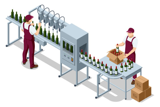 Wine production illustration shows grape processing, labor and factory workflow