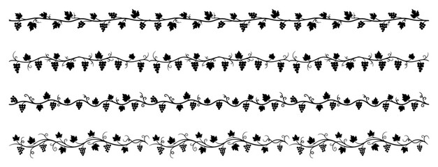 Fototapeta premium Grapevine Border Pattern Set with Grapes and Leaves, Elegant Vineyard Floral Ornaments for Wine Label Design, Vector Illustration