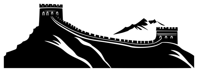 Fototapeta premium Great Wall of China Silhouette Illustration, Famous Landmark Travel Scenery with Mountains, Hand Drawn Vector Graphic