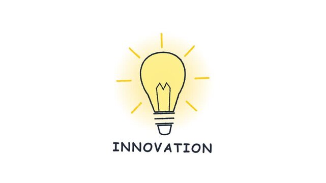 Simple line art illustration of a glowing light bulb with the word innovation.