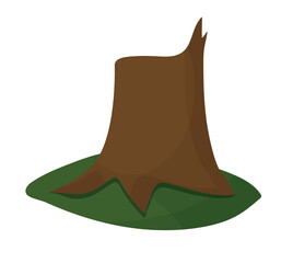 Fototapeta premium Vector illustration of an old brown wooden tree stump on a green grass patch. Flat cartoon landscape element isolated on white background.