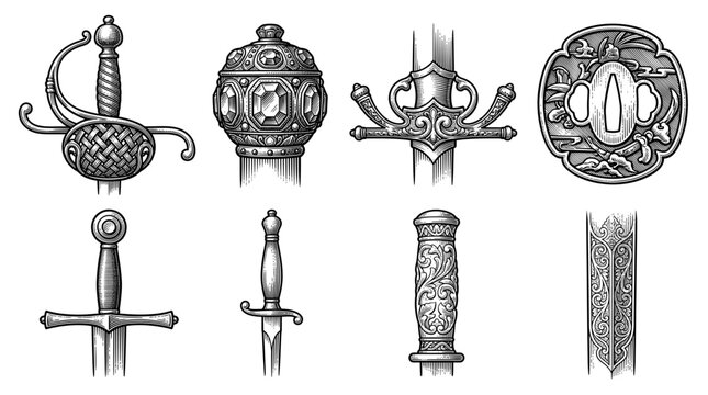 Vintage Engraved Illustration of Sword Hilt Parts, Guards, Handles, and Decorative Elements Including Rapier Hilt, Japanese Tsuba, and Jeweled Pommel