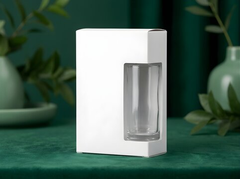 Blank white cardboard packaging box with transparent window standing on green textured surface for product branding showcase