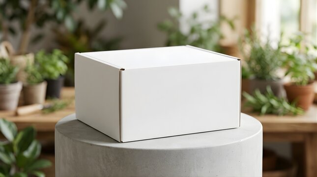 Blank white cardboard mailer box on concrete cylinder podium for product display e-commerce shipping mockup packaging