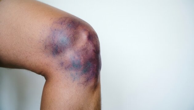 Close-up of a human knee with severe purple and blue bruising and localized swelling, surrounded by clean white copy space on the right for medical trauma injury concept.