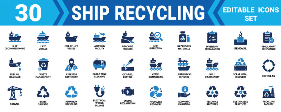 Set of 30 ship recycling icons representing industrial marine vessel dismantling and sustainable scrap metal Minimal solid fill icon set bundle collection. Editable Vector Illustration Mega pack