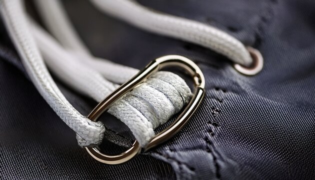 close up of white sneaker lace with metallic aglet on fabric