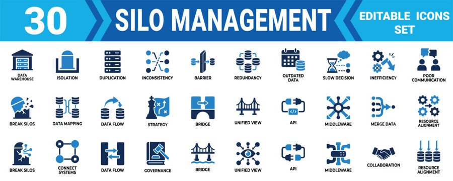 Set of 30 vector silo management icons for data business strategy and communication process analysis Minimal solid fill icon set bundle collection. Editable Vector Illustration Mega pack