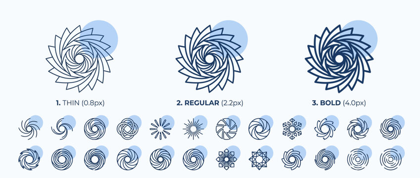 Collection of circular geometric mandala icons and abstract spiral symbols.