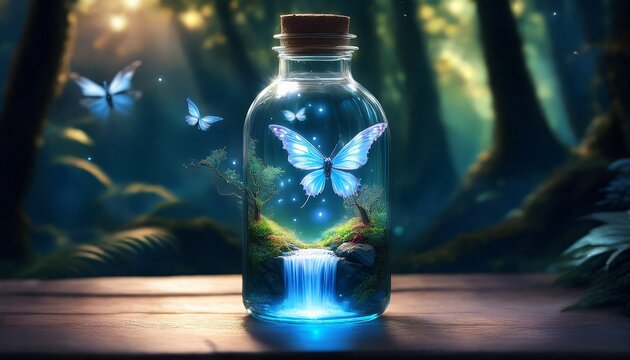 a tiny enchanting world featuring a flying fairy and a glowing blue waterfall contained within a handheld glass bottle