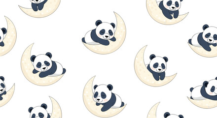 Naklejka premium Adorable pandas sleeping comfortably on pale yellow crescent moons in a repeating seamless pattern perfect for nursery wallpaper or fabric.
