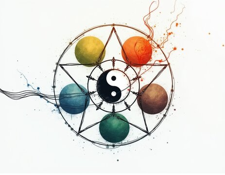Abstract feng shui wheel shows five elements creating universe. Yin yang symbol at center signifies balance. Dollar sign connects elements, represents wealth and harmony.