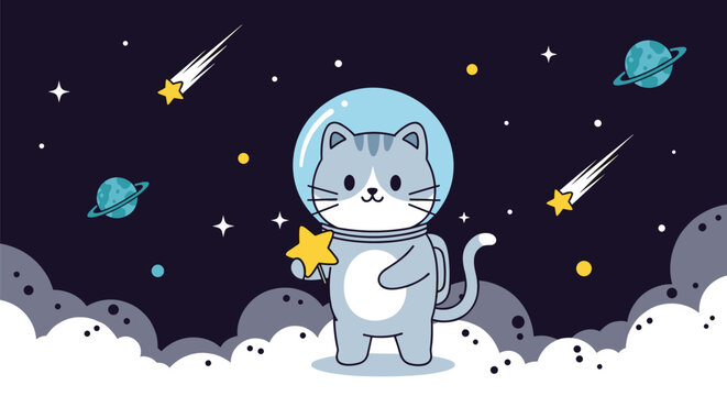 Cute kitten astronaut in a space suit holding a star while floating among planets and stars in a dark starry galaxy illustration.