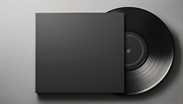 minimalist mock up of an empty square music album sleeve with a black vinyl disc
