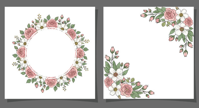 Pair of elegant floral card designs featuring pink roses and white flowers arranged in a round wreath and decorative corner frames.