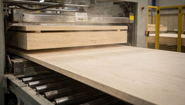 Freshly pressed plywood panels being ejected from a multiopening press captured midframe emphasizing the smooth surface and uniform thickness after pressing and cooling.