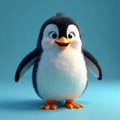 Fototapeta premium Cute cartoon penguin stands happy against blue background. Fluffy character perfect for kids designs, playful themes. Friendly face makes ideal for children educational materials, games, marketing.