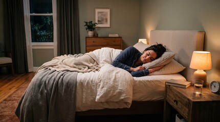 Fototapeta premium Woman peacefully sleeping in a cozy bedroom at night with soft lamp light and a window view of trees