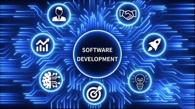 software development icon surrounded by smaller icons for ai manufacturing strategy. A glowing neon, and manufacturing process management all connected in a digital circuit like pattern, 4k video 