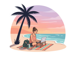 Fototapeta premium Woman Working on Laptop at Tropical Beach with Palm Tree and Sunset