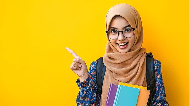 Cheerful Student Wearing Hijab and Glasses Holding Notebooks Pointing Aside at Copy Space Yellow Background Education Online Learning Academic Success Young Woman Back to School 