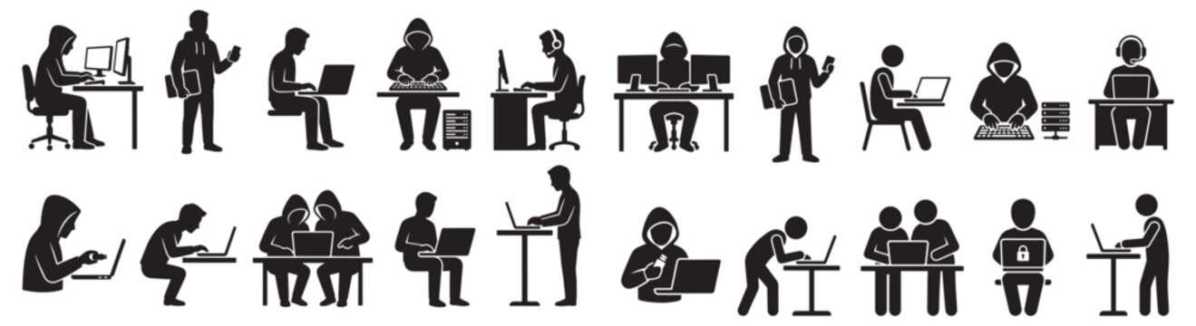 Hacker And Programmer Silhouettes Showing Cybersecurity, Coding, IT Professionals And Remote Work Concepts