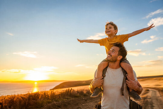 Pai carregando filho nos ombros em uma trilha ao p&ocirc;r do sol - Conceito de aventura, liberdade, her&oacute;i e conex&atilde;o entre pai e filho.