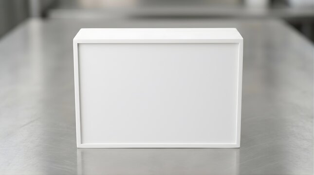 Blank white rectangular box mockup for product packaging design display on a metallic surface for retail branding